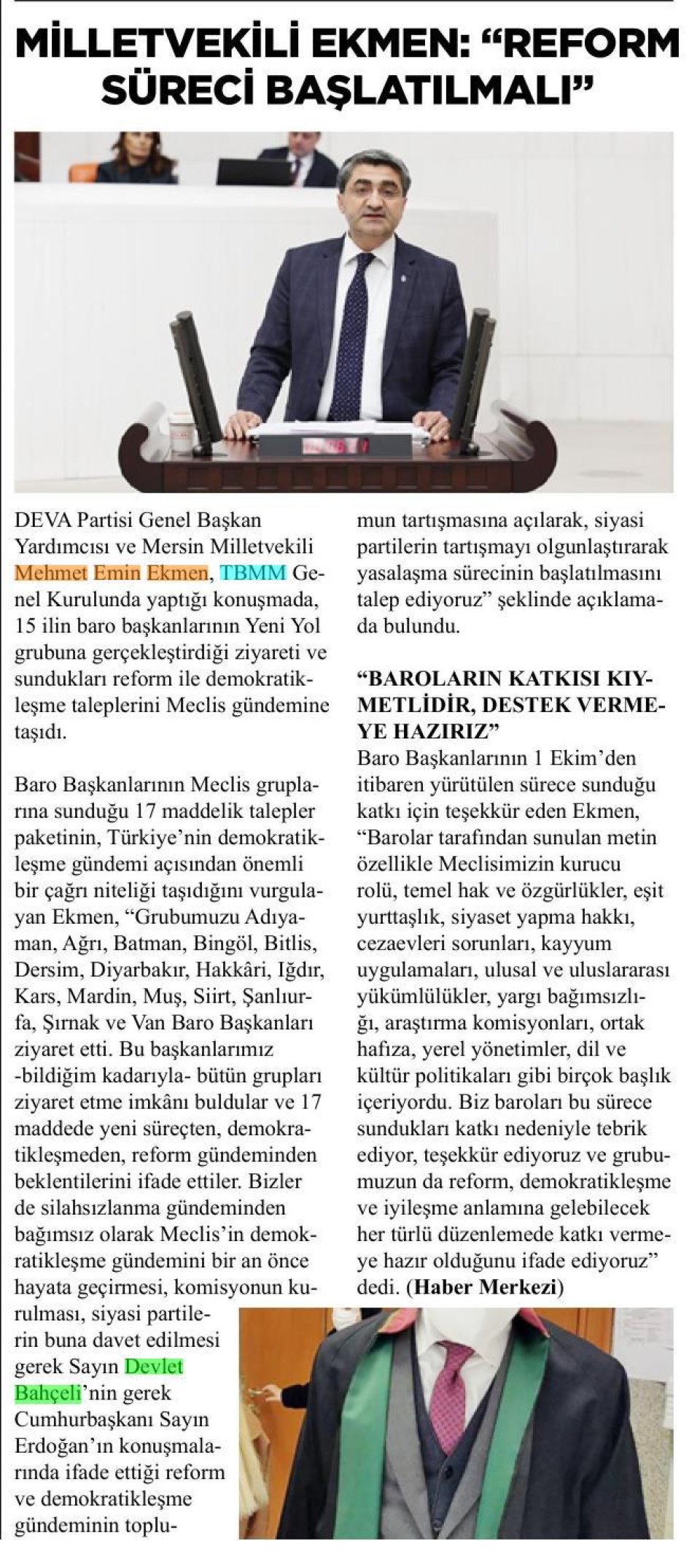 MİLLETVEKİLİ EKMEN REFORM SÜRECİ BAŞLATILMALI