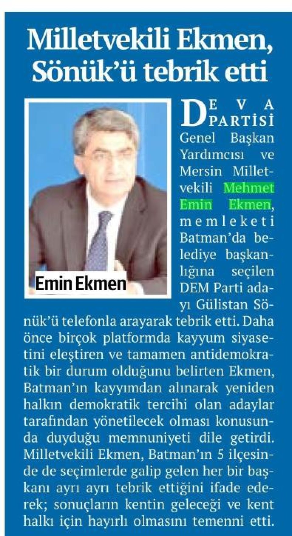 MİLLETVEKİLİ EKMEN, SÖNÜK'Ü TEBRİK ETTİ