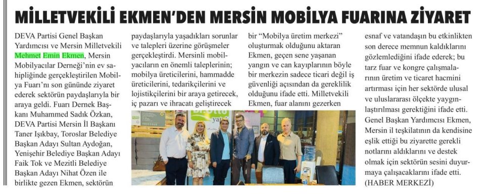 MİLLETVEKİLİ EKMEN'DEN MERSİN MOBİLYA FUARINA ZİYARET