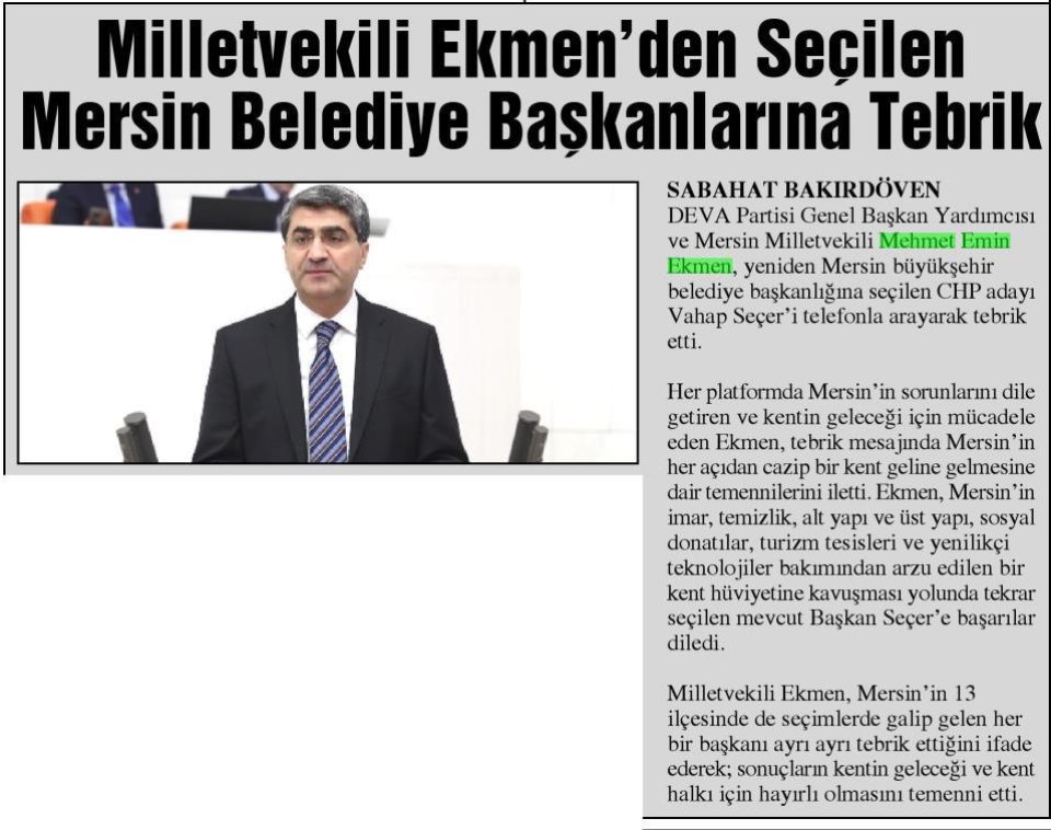 MİLLETVEKİLİ EKMENDEN SEÇİLEN MERSİN BELEDİYE BAŞKANLARINA TEBRİK