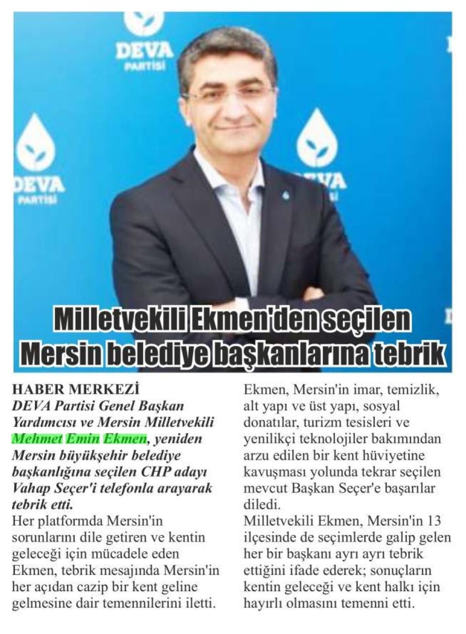 MİLLETVEKİLİ EKMEN'DEN SEÇİLEN MERSİN BELEDİYE BAŞKANLARINA TEBRİK