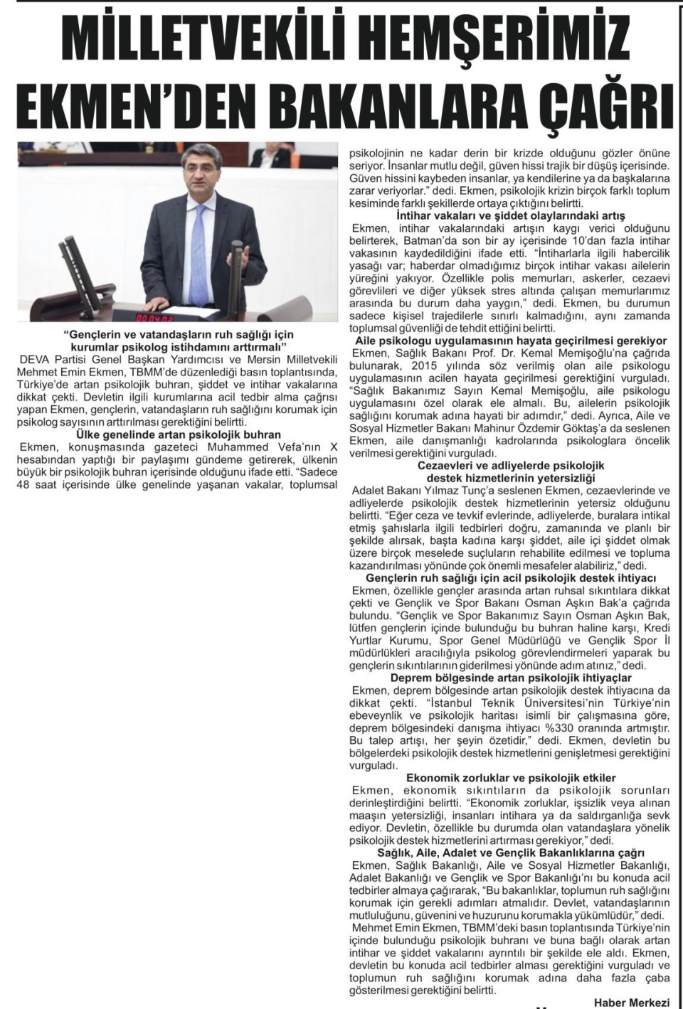 MİLLETVEKİLİ HEMŞERİMİZ EKMEN' DEN BAKANLARA ÇAĞRI