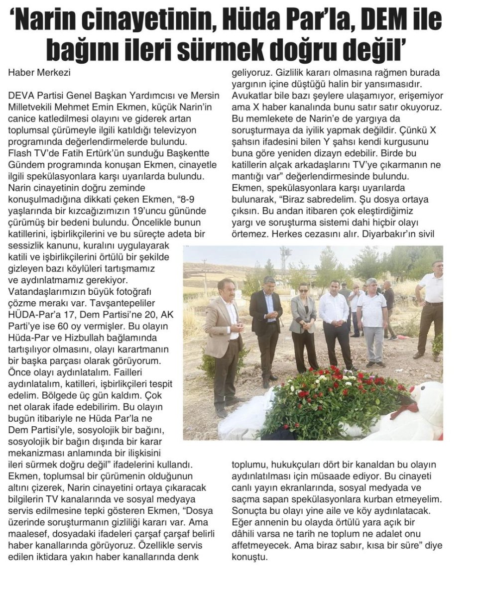 NARİN CİNAYETİNİN, HÛDA PARLA, DEM İLE BAĞINI İLERİ SÜRMEK DOĞRU DEĞİL