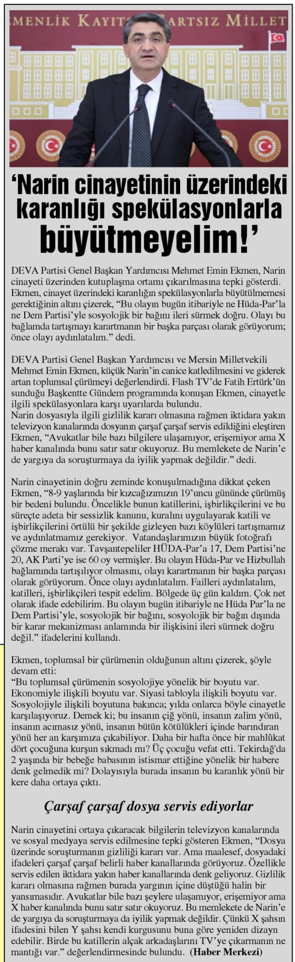 'NARİN CİNAYETİNİN ÜZERİNDEKİ KARANLIĞI SPEKÜLASYONLARLA BÜYÜTMEYELİM!'