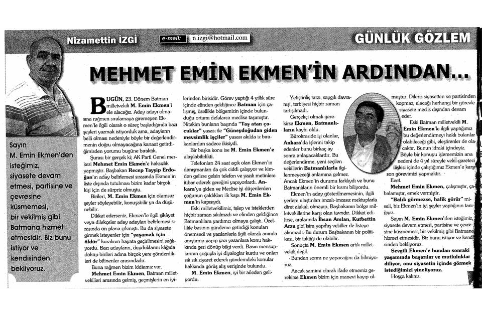 Nizemettin İzgi: Mehmet Emin EKMEN'in ardından
