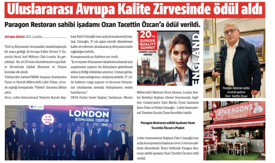 PARAGON RESTORAN SAHİBİ LONDRALI İŞADAMI OZAN TACETTİN ÖZCAN ULUSLARARASI AVRUPA KALİTE ZİRVESİNDE ÖDÜL ALDI