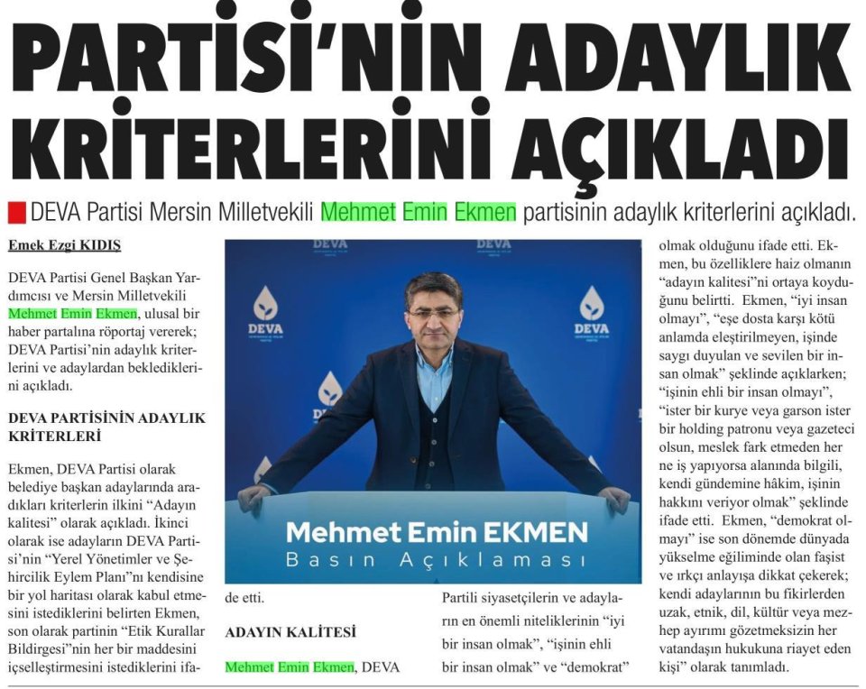 PARTİSİ'NİN ADAYLIK KRİTERLERİNİ AÇIKLADI