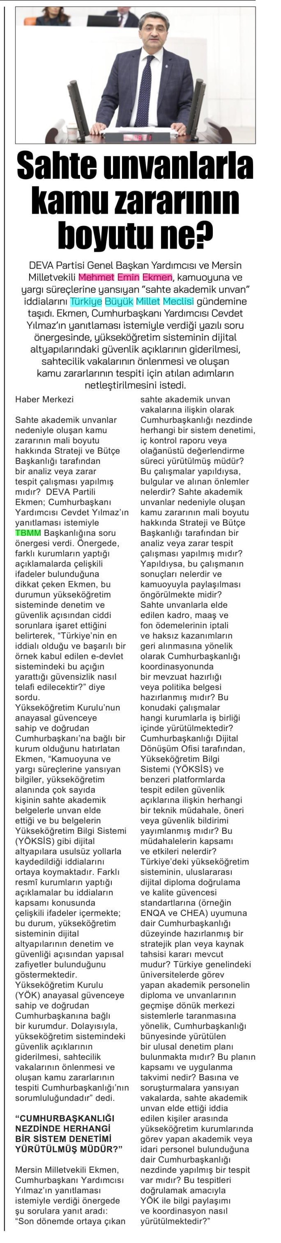 SAHTE AKADEMİK UNVAN İDDİALARI MECLİS GÜNDEMİNDE