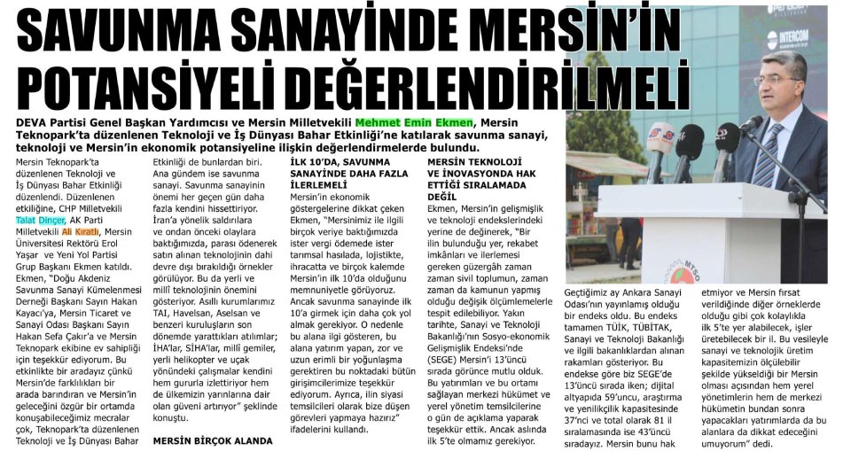 SAVUNMA SANAYİNDE MERSİNİN POTANSİYELİ DEĞERLENDİRİLMELİ