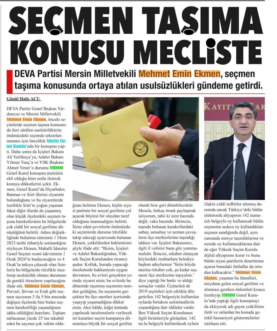 SEÇMEN TAŞIMA KONUSU MECLİSTE