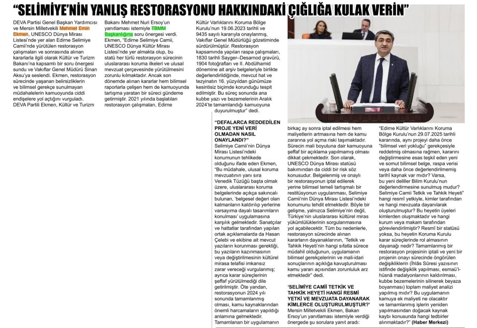 SELİMİYE'NİN YANLIŞ RESTORASYONU HAKKINDAKİ ÇIĞLIĞA KULAK VERİN