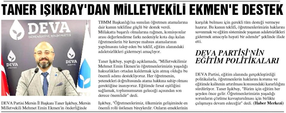 TANER IŞIKBAY'DAN MİLLETVEKİLİ EKMEN'E DESTEK