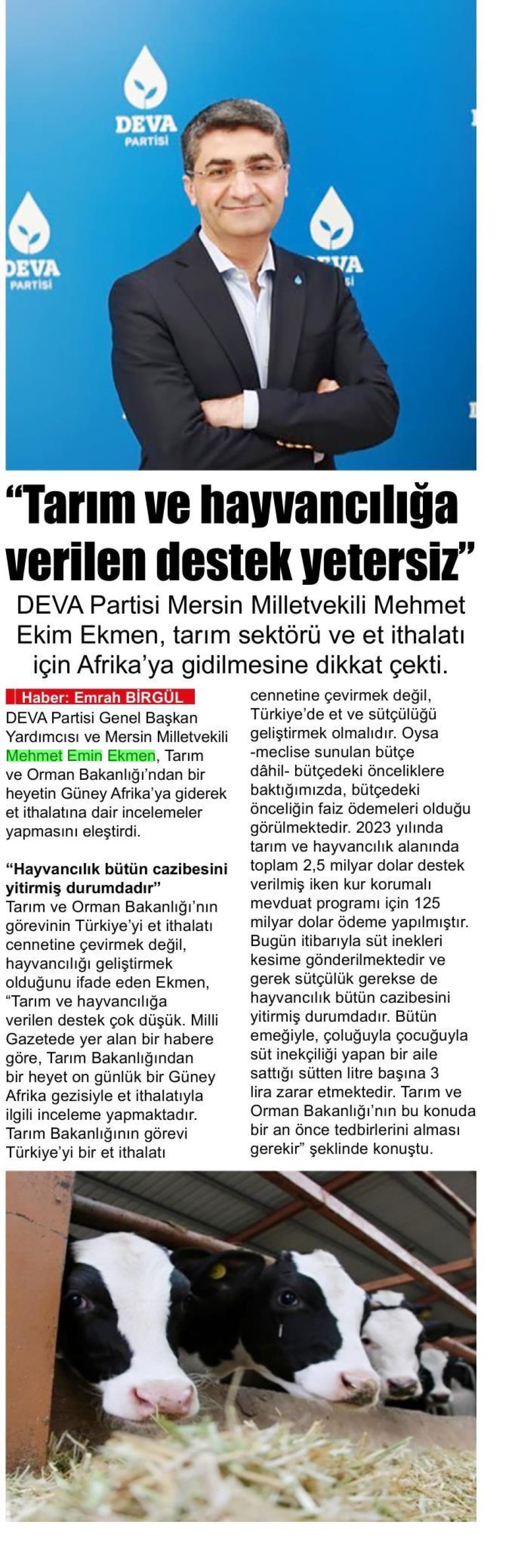 TARIM VE HAYVANCILIĞA VERİLEN DESTEK YETERSİZ