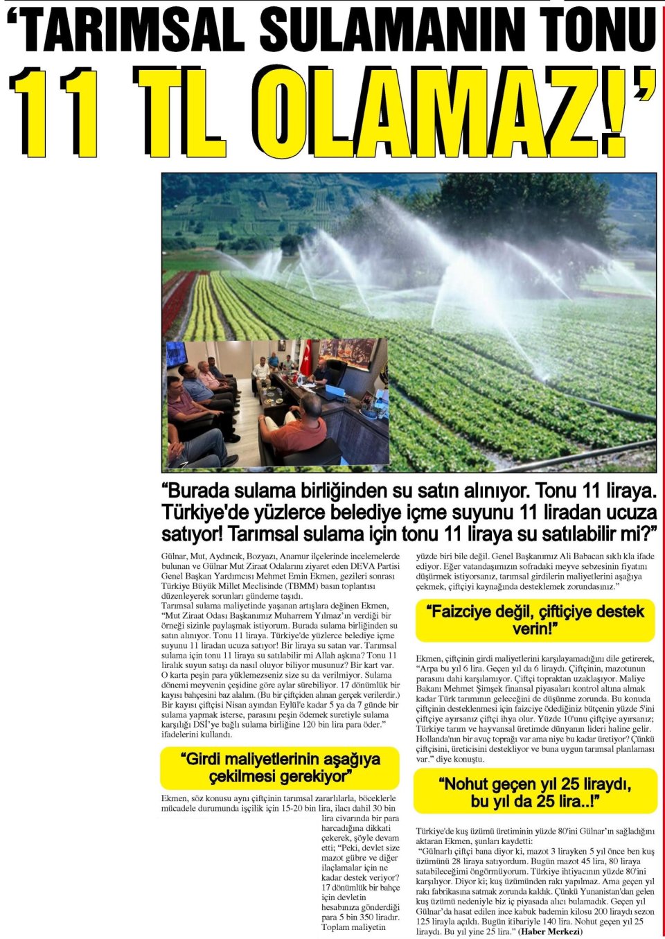 TARIMSAL SULAMANIN TONU 11 TL OLAMAZ