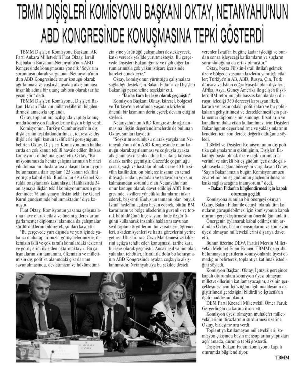 TBMM DIŞİŞLERİ KOMİSOYUNU BAŞKANI OKTAY NETANYAHU'NUN ABD KONGRESİNDE KONUŞMASINDA TEPKİ GÖSTERDİ