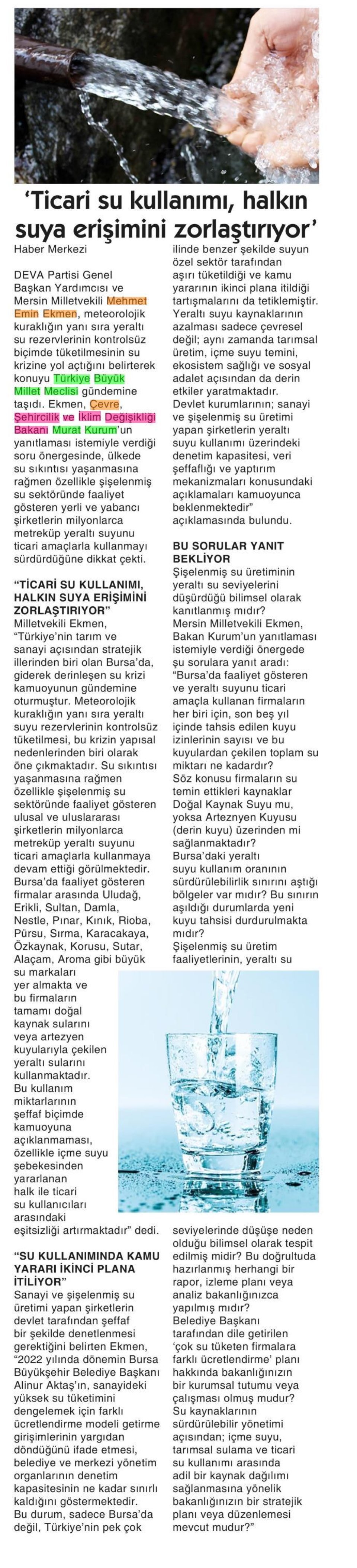 'TİCARİ SU KULLANIMI, HALKIN ERİŞİMİNİ ZORLAŞTIRIYOR