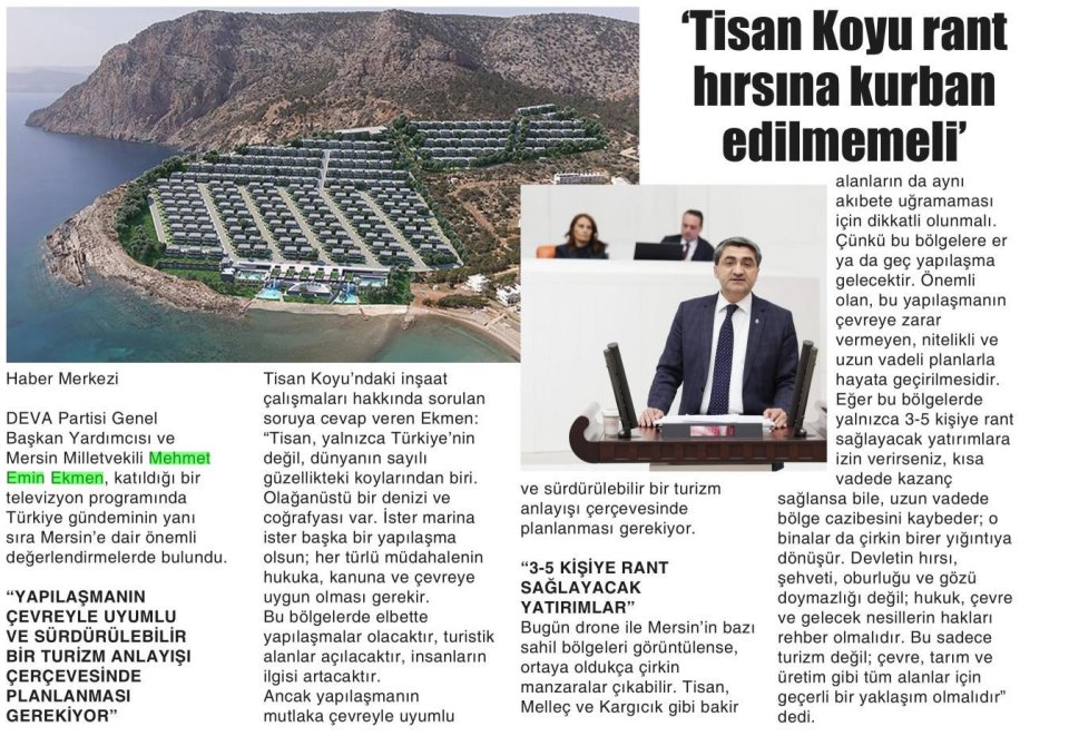 TİSAN KOYU RANT HIRSINA KURBAN EDİLMEMELİ'