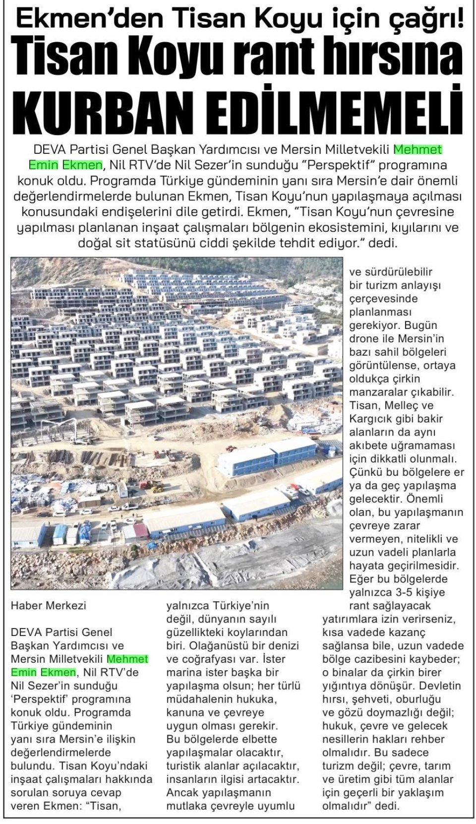 TİSAN RANT HIRSINA KURBAN EDİLMEMELİ