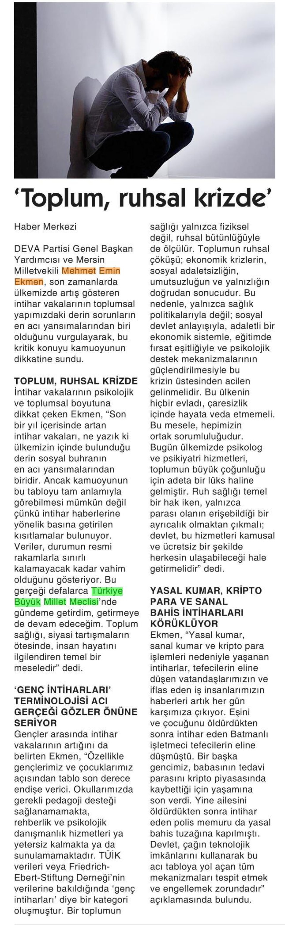 TOPLUM, RUHSAL KRİZDE'