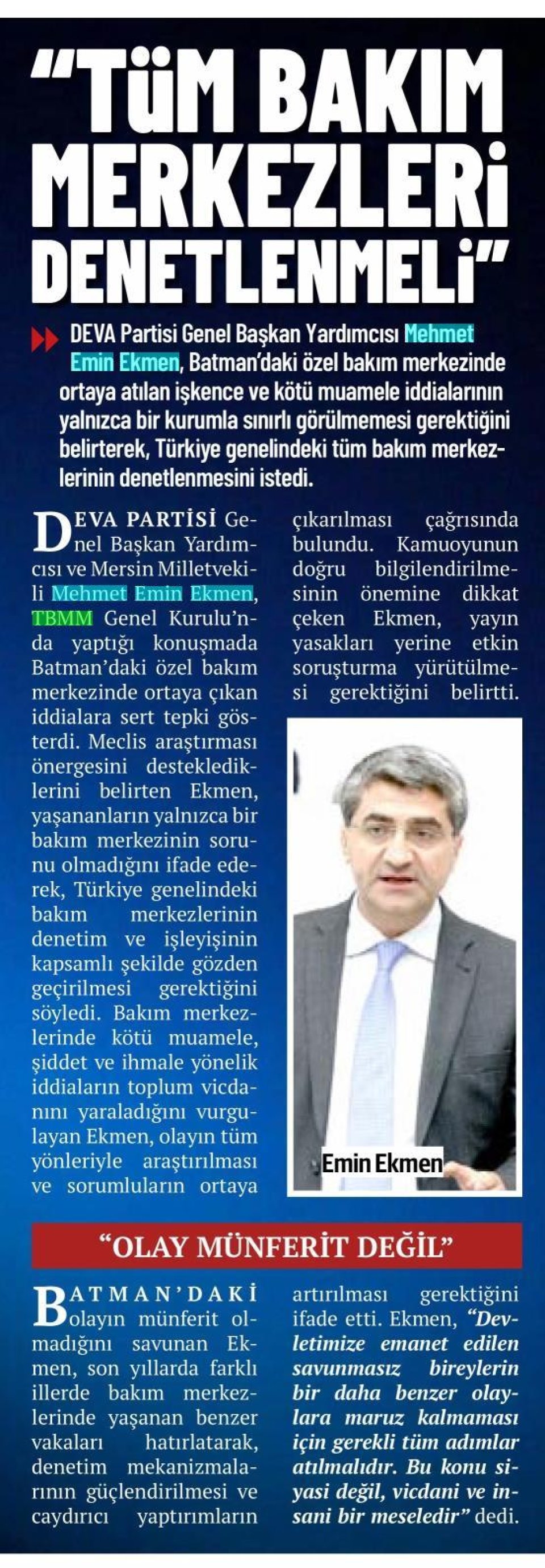 'TÜM BAKIM MERKEZLERİ DENETLENMELİ'