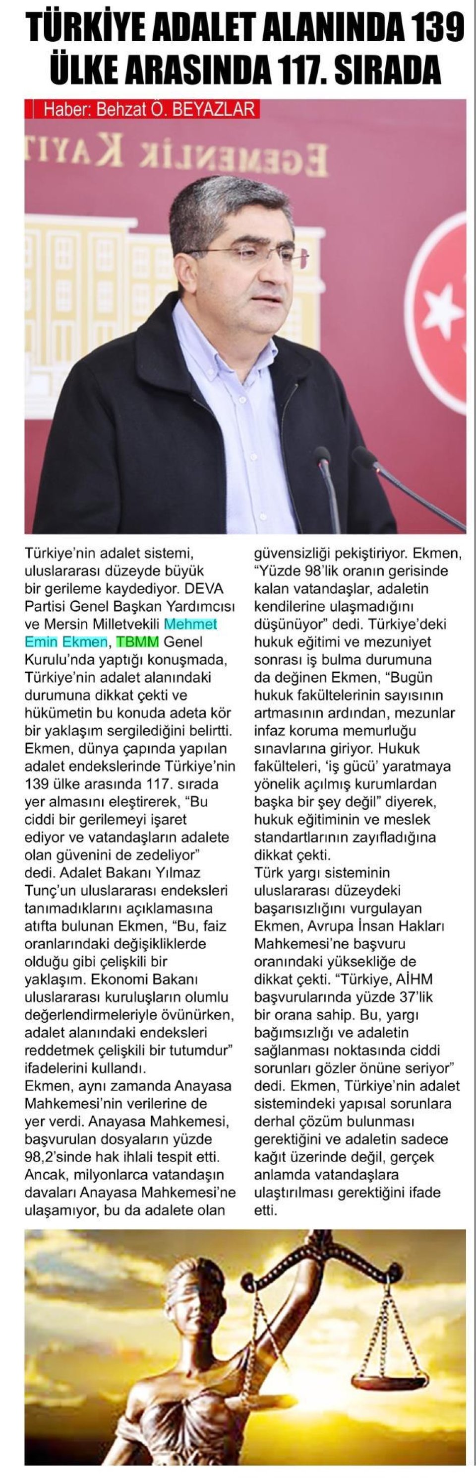 TÜRKİYE ADALET ALANINDA 139 ÜLKE ARASINDA 117. SIRADA