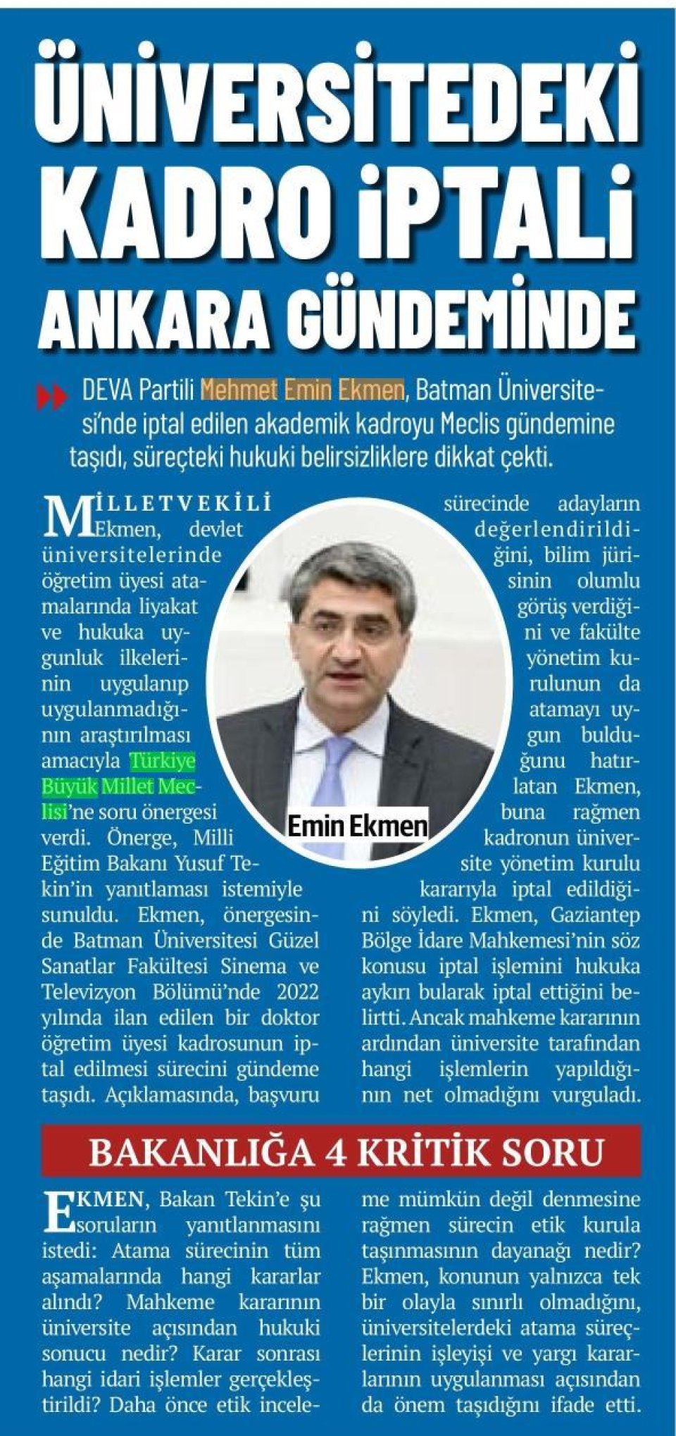 ÜNİVERSİTEDEKİ KADRO İPTALİ ANKARA GÜNDEMİNDE