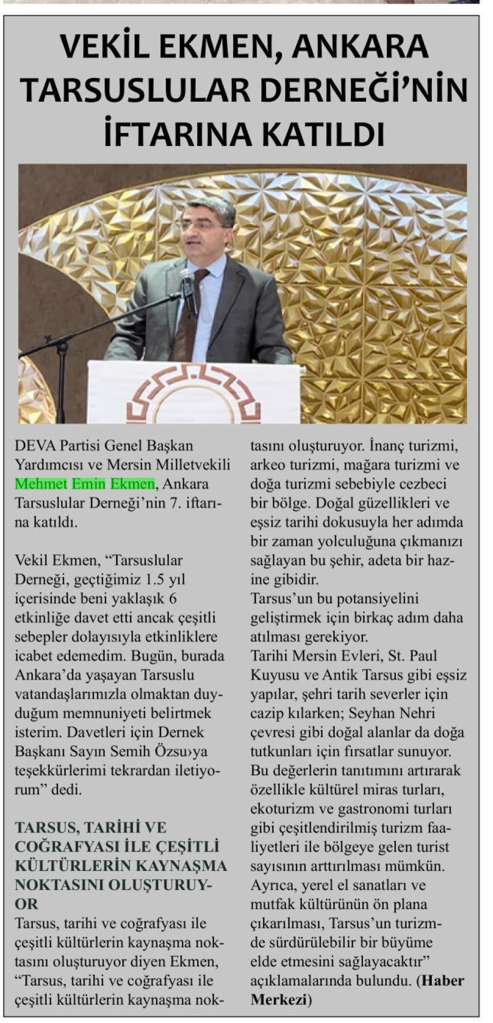 VEKİL EKMEN ANKARA TARSUSLULAR DERNEĞİNİN YEMEĞİNE KATILDI
