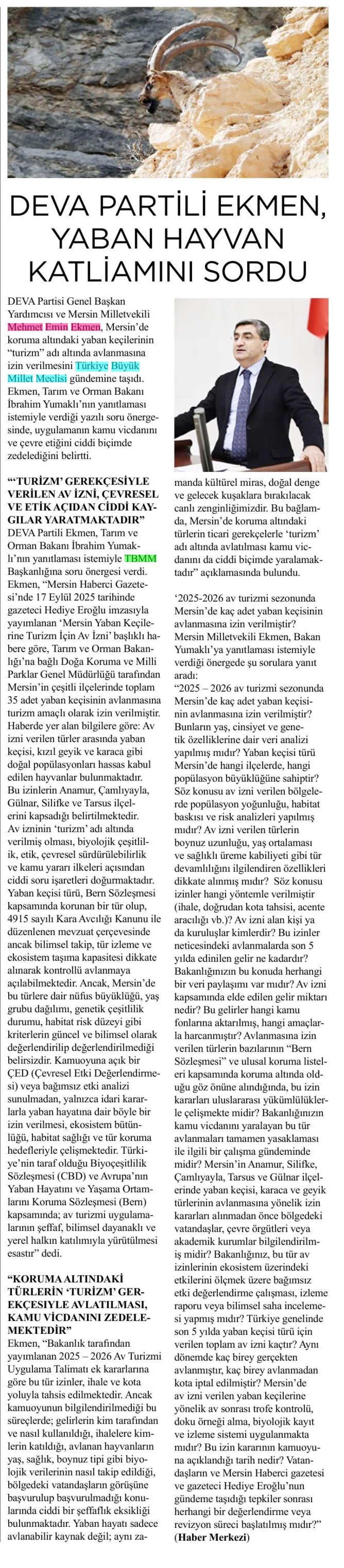 YABAN KEÇİSİ KATLİAMI MECLİS'E TAŞINDI