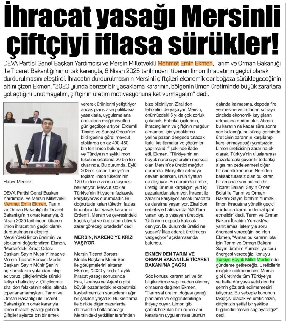 YASAK, MERSİNLİ ÇİFTÇİYİ İFLASA SÜRÜKLER!