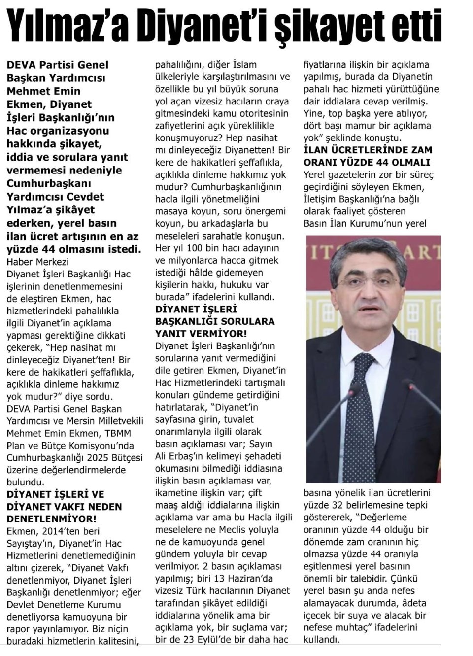 YILMAZA DİYANETİ ŞİKAYET ETTİ